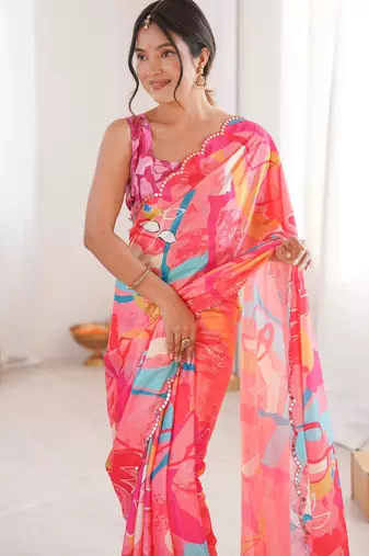 multicolor digital printed chinon saree for women