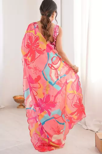multicolor digital printed chinon saree for women