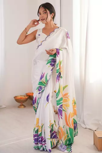 women   s white printed chinon saree with blouse