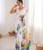 women   s white printed chinon saree with blouse