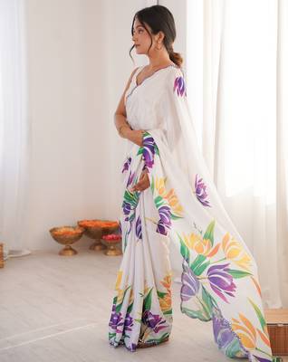 women   s white printed chinon saree with blouse 3