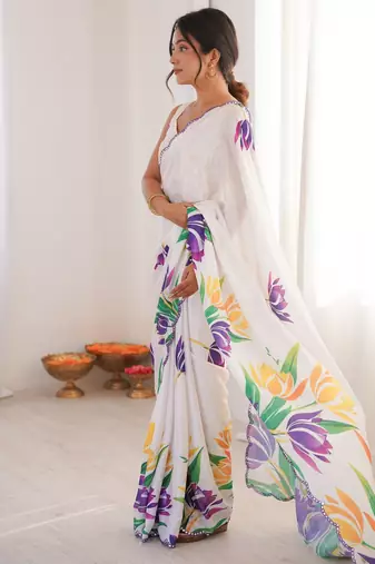 women   s white printed chinon saree with blouse