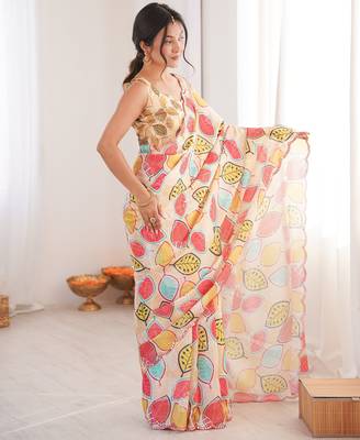 women   s digital printed multicolor chinon saree with blouse 2