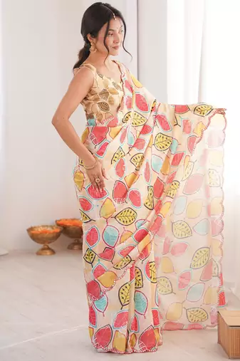 women   s digital printed multicolor chinon saree with blouse