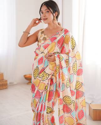 women   s digital printed multicolor chinon saree with blouse 4