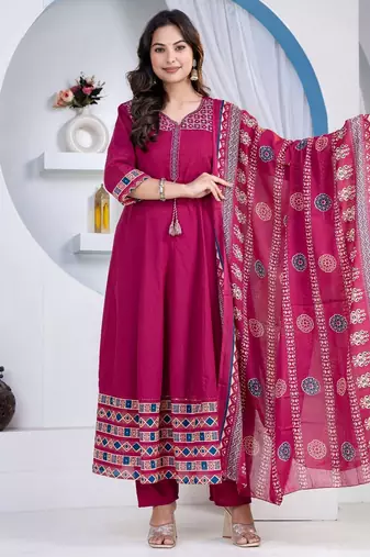 Cotton cambric printed anarkali kurti-pant-dupatta  set
