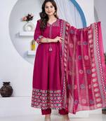 Cotton cambric printed anarkali kurti-pant-dupatta  set