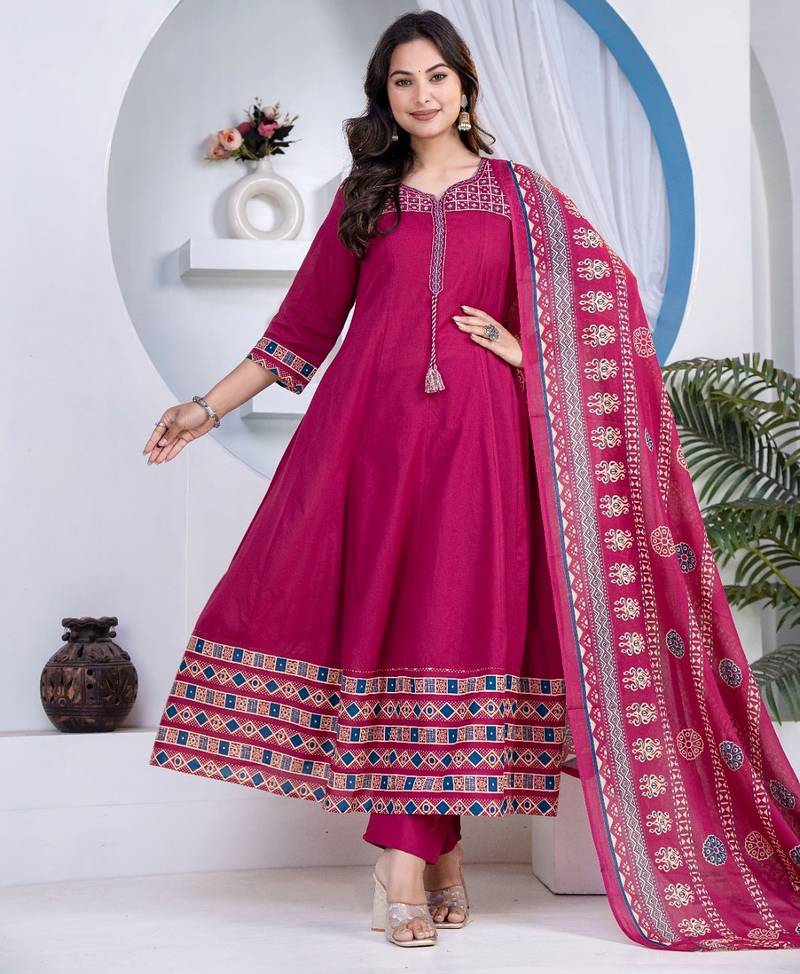 Cotton cambric printed anarkali kurti-pant-dupatta  set