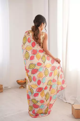 women   s digital printed multicolor chinon saree with blouse