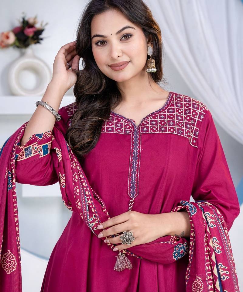 Cotton cambric printed anarkali kurti-pant-dupatta  set