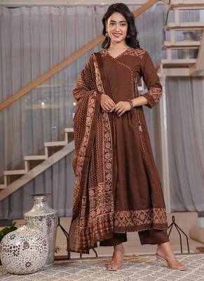 Cotton cambric printed anarkali kurti-pant-dupatta  set 1
