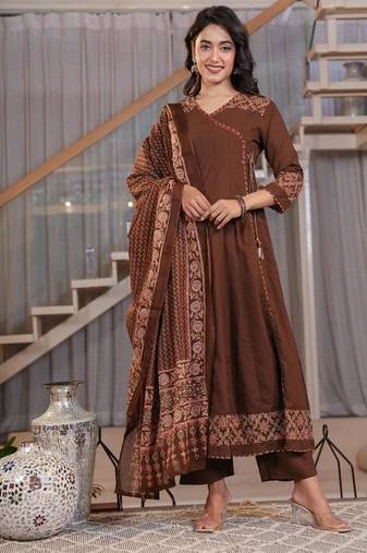 Cotton cambric printed anarkali kurti-pant-dupatta  set