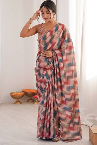 multicolor digital printed chinon saree with blouse
