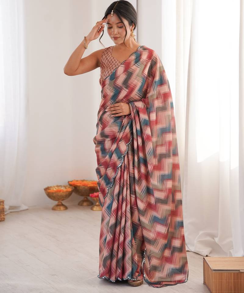 multicolor digital printed chinon saree with blouse