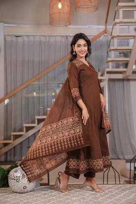 Cotton cambric printed anarkali kurti-pant-dupatta  set 2