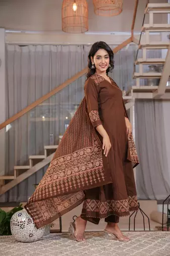 Cotton cambric printed anarkali kurti-pant-dupatta  set