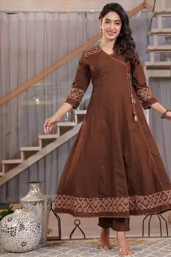 Cotton cambric printed anarkali kurti-pant-dupatta  set