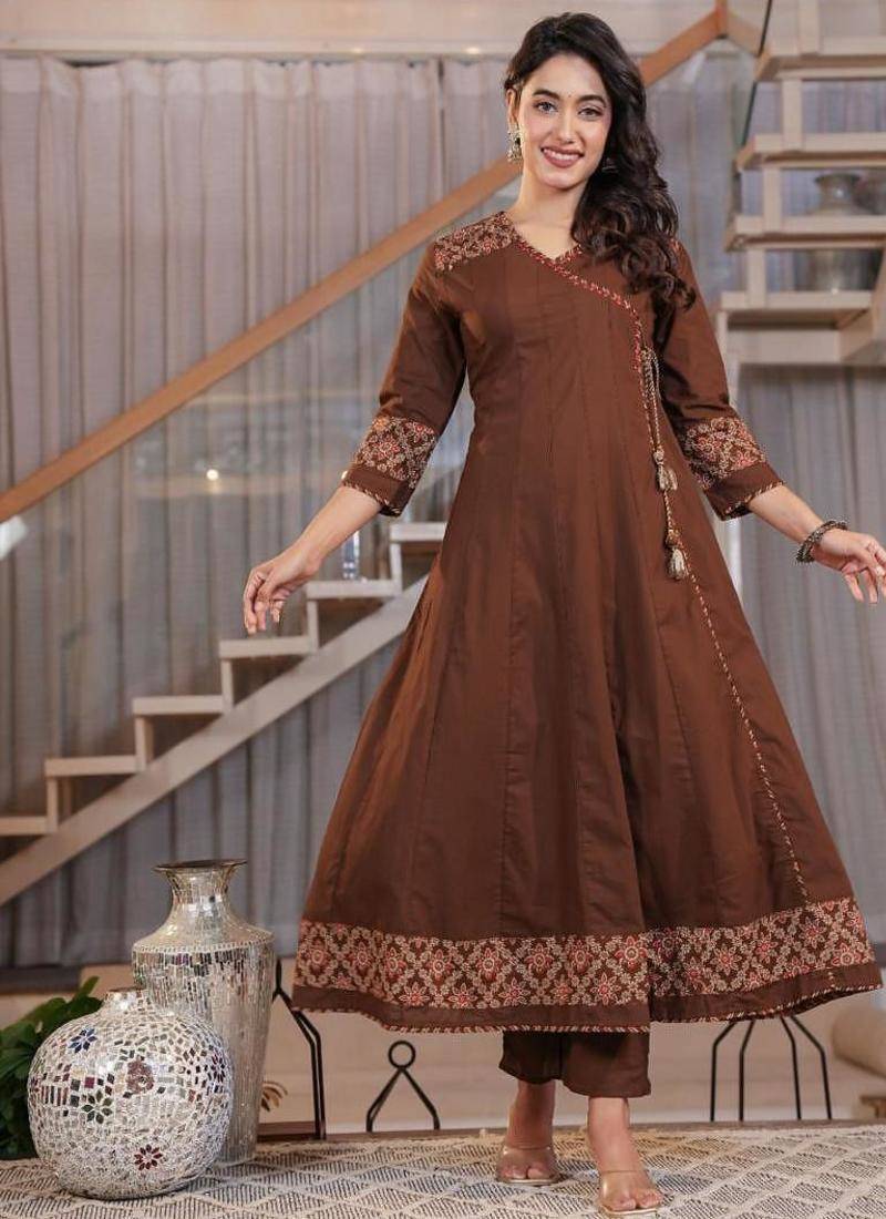 Cotton cambric printed anarkali kurti-pant-dupatta  set