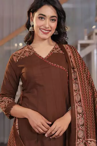 Cotton cambric printed anarkali kurti-pant-dupatta  set