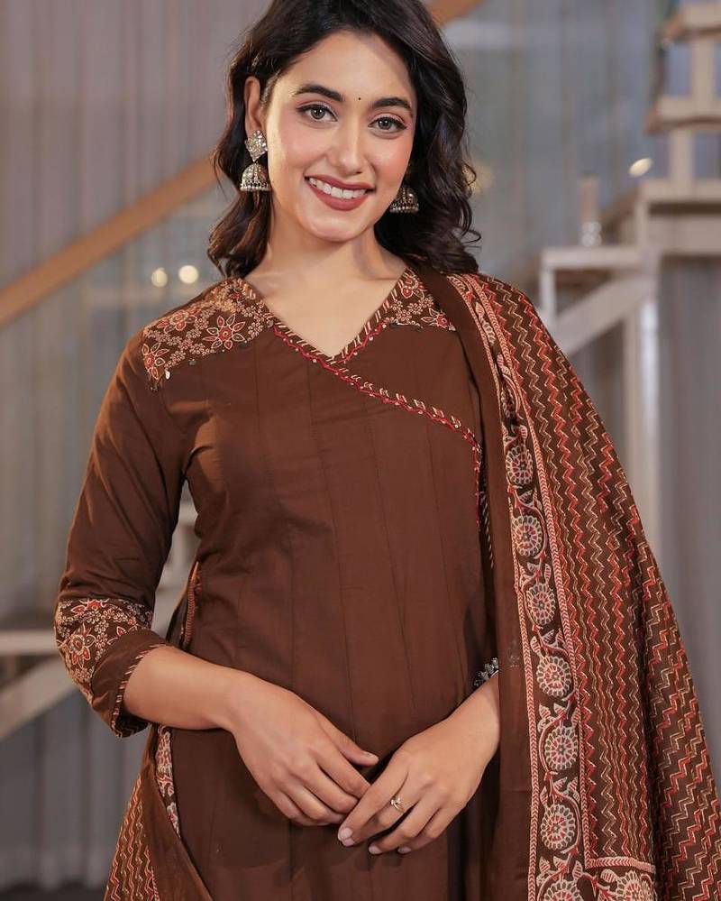 Cotton cambric printed anarkali kurti-pant-dupatta  set