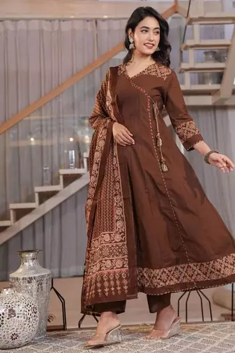 Cotton cambric printed anarkali kurti-pant-dupatta  set