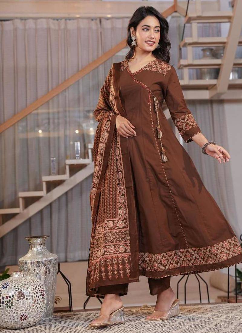 Cotton cambric printed anarkali kurti-pant-dupatta  set