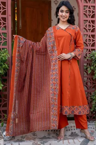 Cotton cambric printed anarkali kurti-pant-dupatta  set