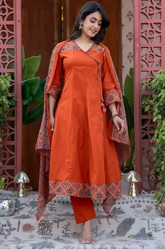Cotton cambric printed anarkali kurti-pant-dupatta  set