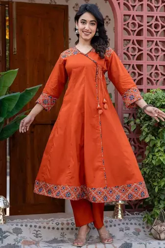 Cotton cambric printed anarkali kurti-pant-dupatta  set