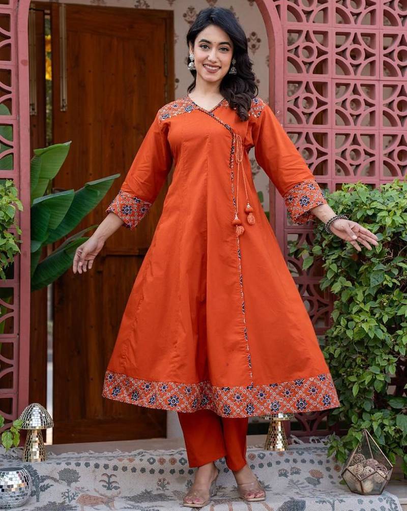 Cotton cambric printed anarkali kurti-pant-dupatta  set
