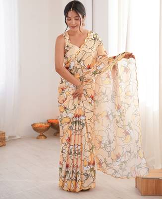 women   s cream digital printed chinon saree with blouse 1