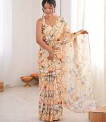 women   s cream digital printed chinon saree with blouse