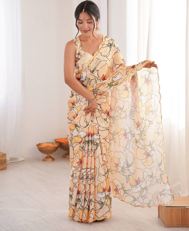 women   s cream digital printed chinon saree with blouse