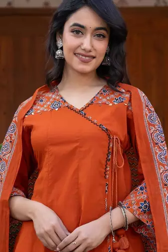 Cotton cambric printed anarkali kurti-pant-dupatta  set