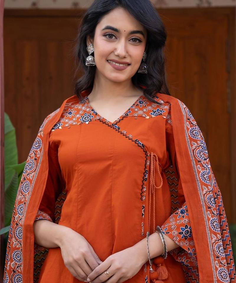 Cotton cambric printed anarkali kurti-pant-dupatta  set