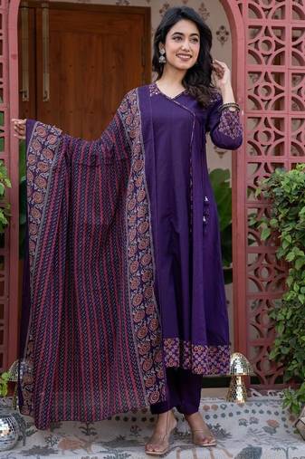 Cotton cambric printed anarkali kurti-pant-dupatta  set