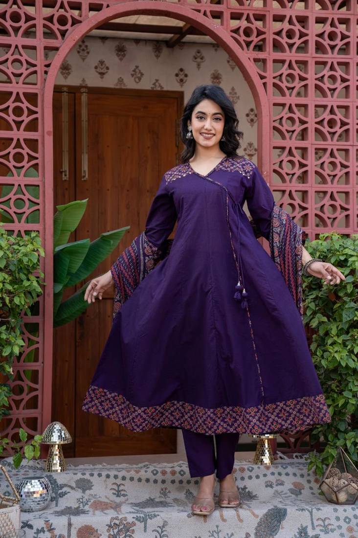Cotton cambric printed anarkali kurti-pant-dupatta  set