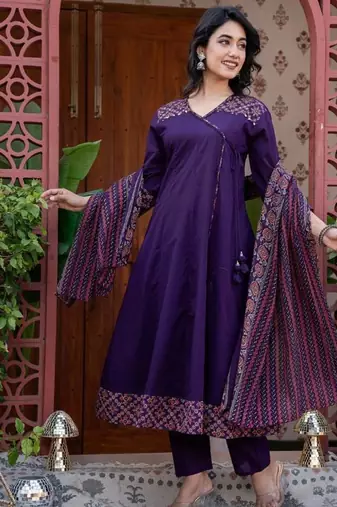Cotton cambric printed anarkali kurti-pant-dupatta  set