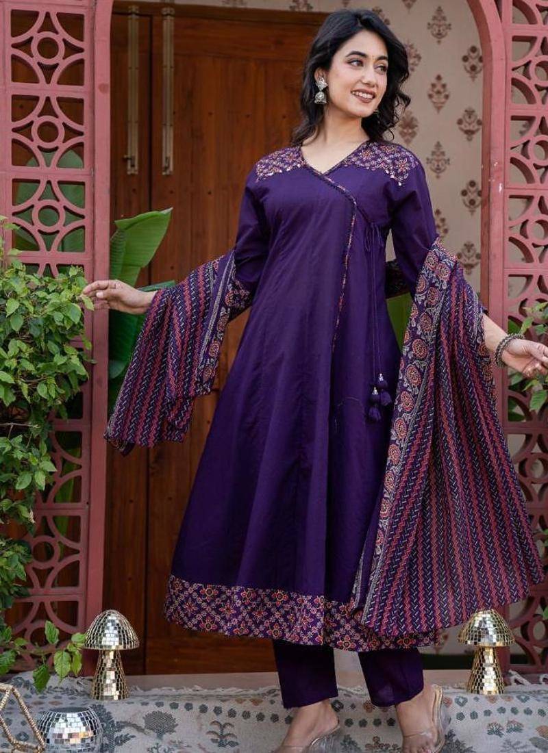 Cotton cambric printed anarkali kurti-pant-dupatta  set