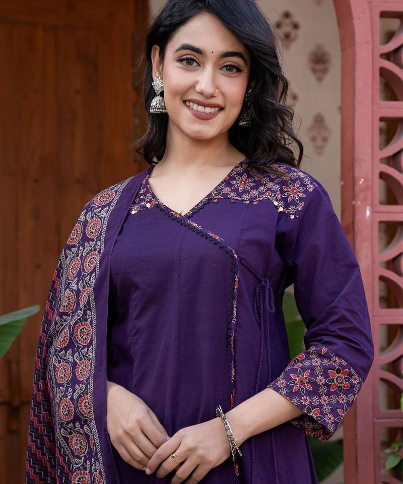 Cotton cambric printed anarkali kurti-pant-dupatta  set