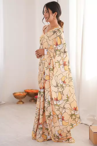 women   s cream digital printed chinon saree with blouse