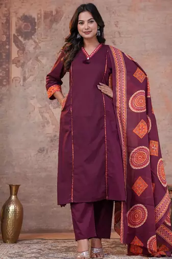 Cotton cambric printed a-line kurti-pant-dupatta  set