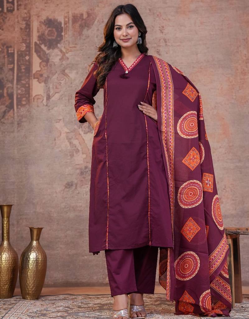 Cotton cambric printed a-line kurti-pant-dupatta  set