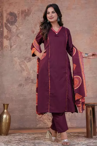 Cotton cambric printed a-line kurti-pant-dupatta  set