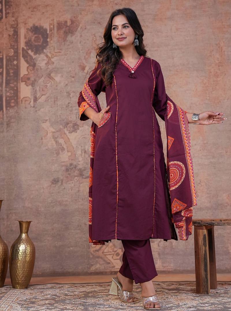 Cotton cambric printed a-line kurti-pant-dupatta  set