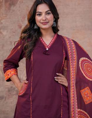 Cotton cambric printed a-line kurti-pant-dupatta  set 4