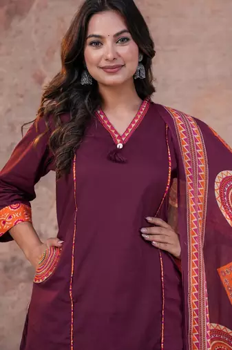 Cotton cambric printed a-line kurti-pant-dupatta  set