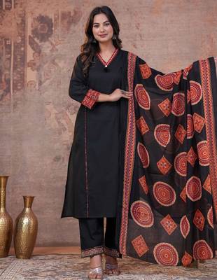 Cotton cambric printed a-line kurti-pant-dupatta  set 1