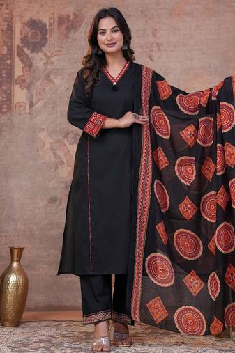 Cotton cambric printed a-line kurti-pant-dupatta  set