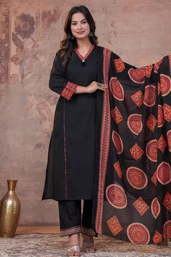 Cotton cambric printed a-line kurti-pant-dupatta  set